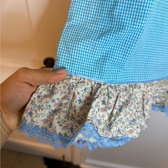 Beebop & Wally Vintage Cottagecore Blue Gingham Floral Lace Trim Skirt - Picture 5 of 5